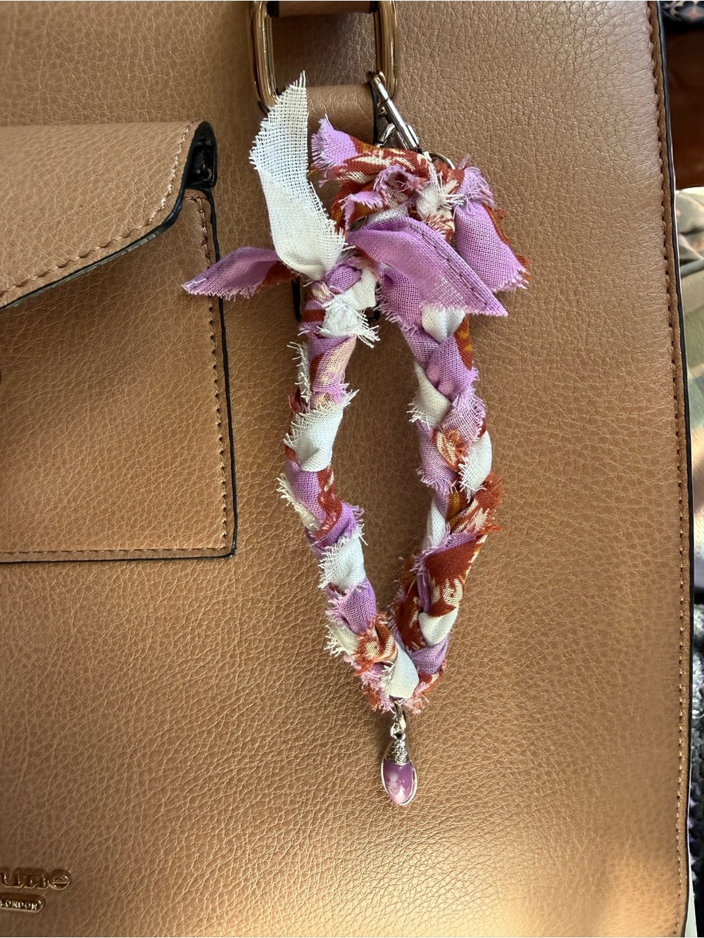 Braided Fabric Tassel Keychain Charm in Pink & White